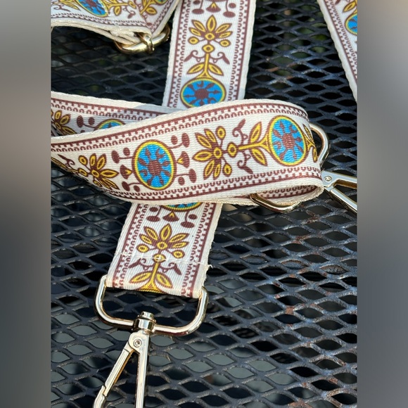 Crossbody Bag Strap In Cream with Blue And Gold. Gold hardware, 2 inches Wide. - Picture 5 of 8